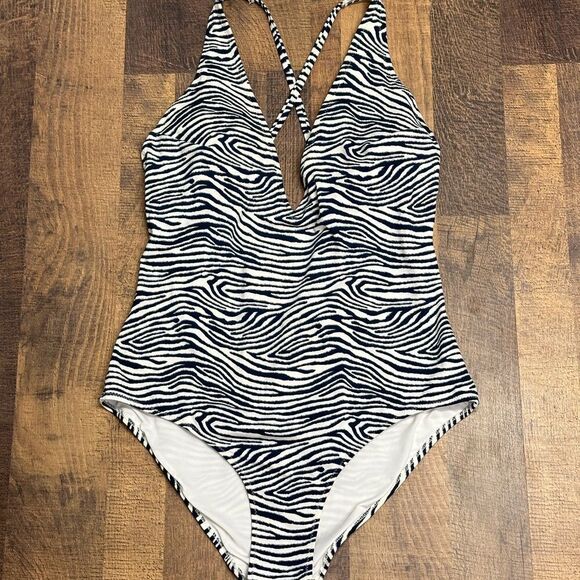H&M One Piece Swimsuit Dark Blue Zebra Print Cross Back Size 8 - Picture 3 of 6